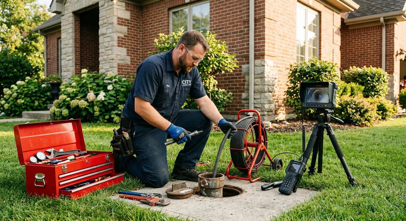 Sewer specialist with camera equipment servicing a cleanout in Superior