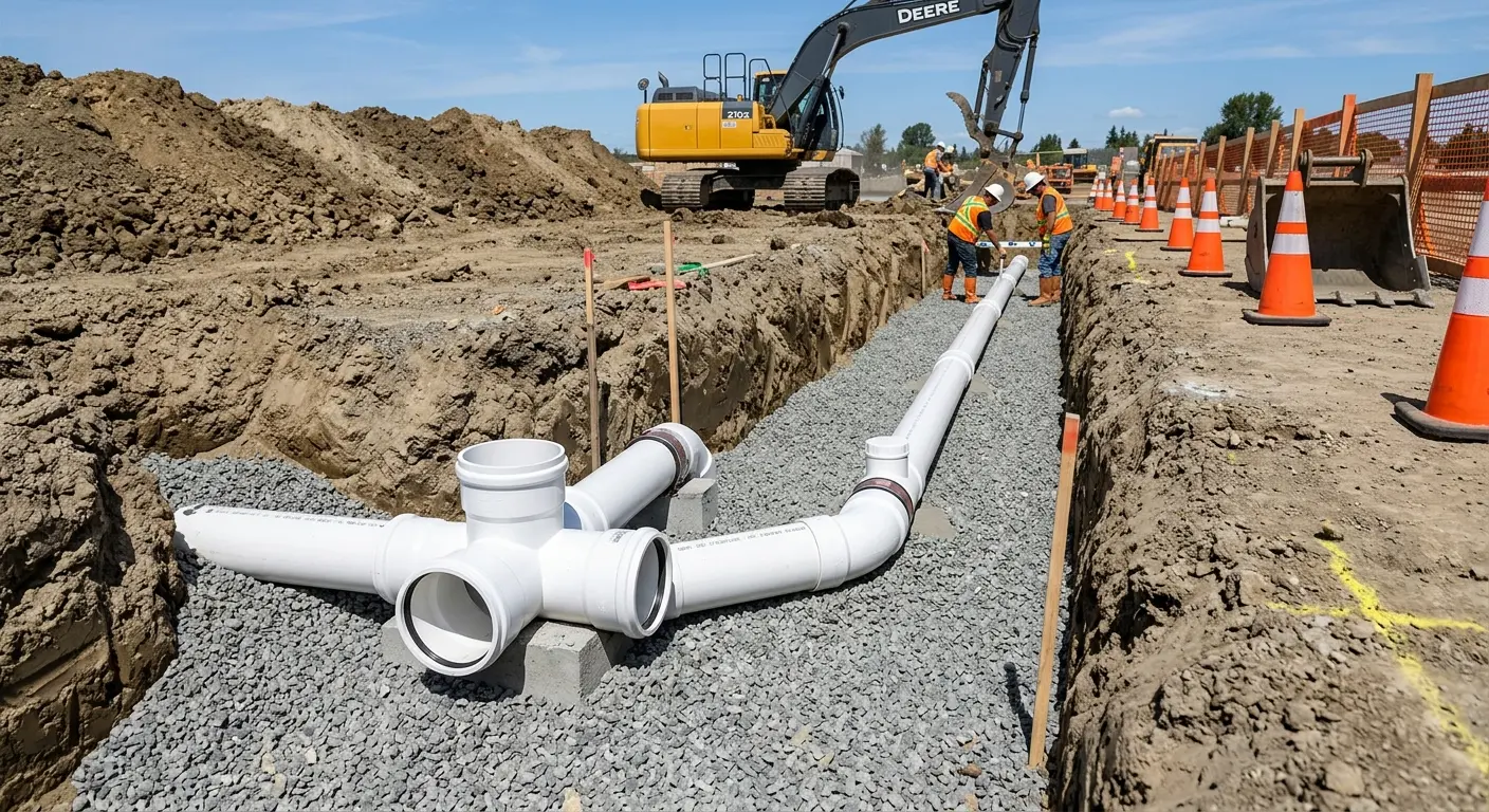 New PVC sewer pipe installation in open trench for Sewer Backup in Superior