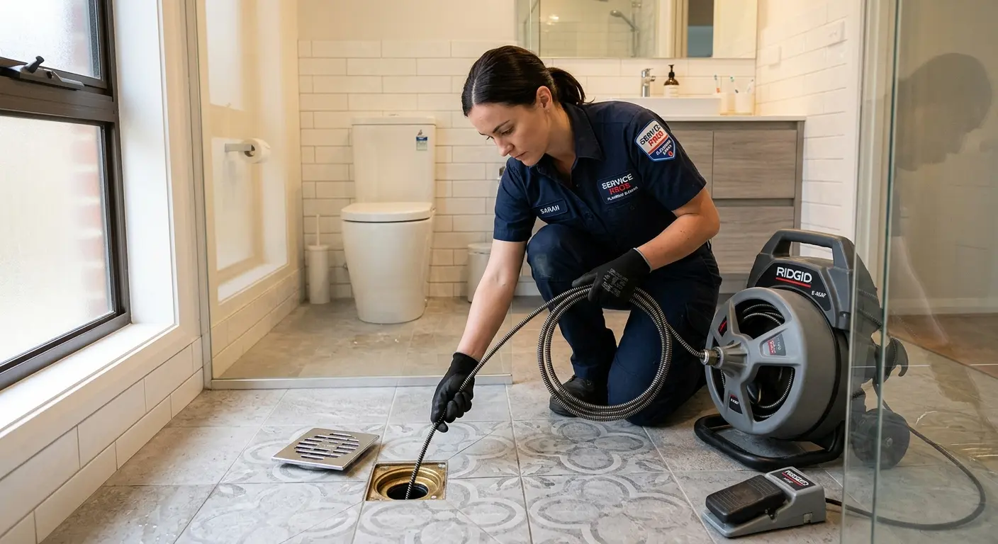 Technician clearing a bathroom floor drain for Hydro Jetting in Superior